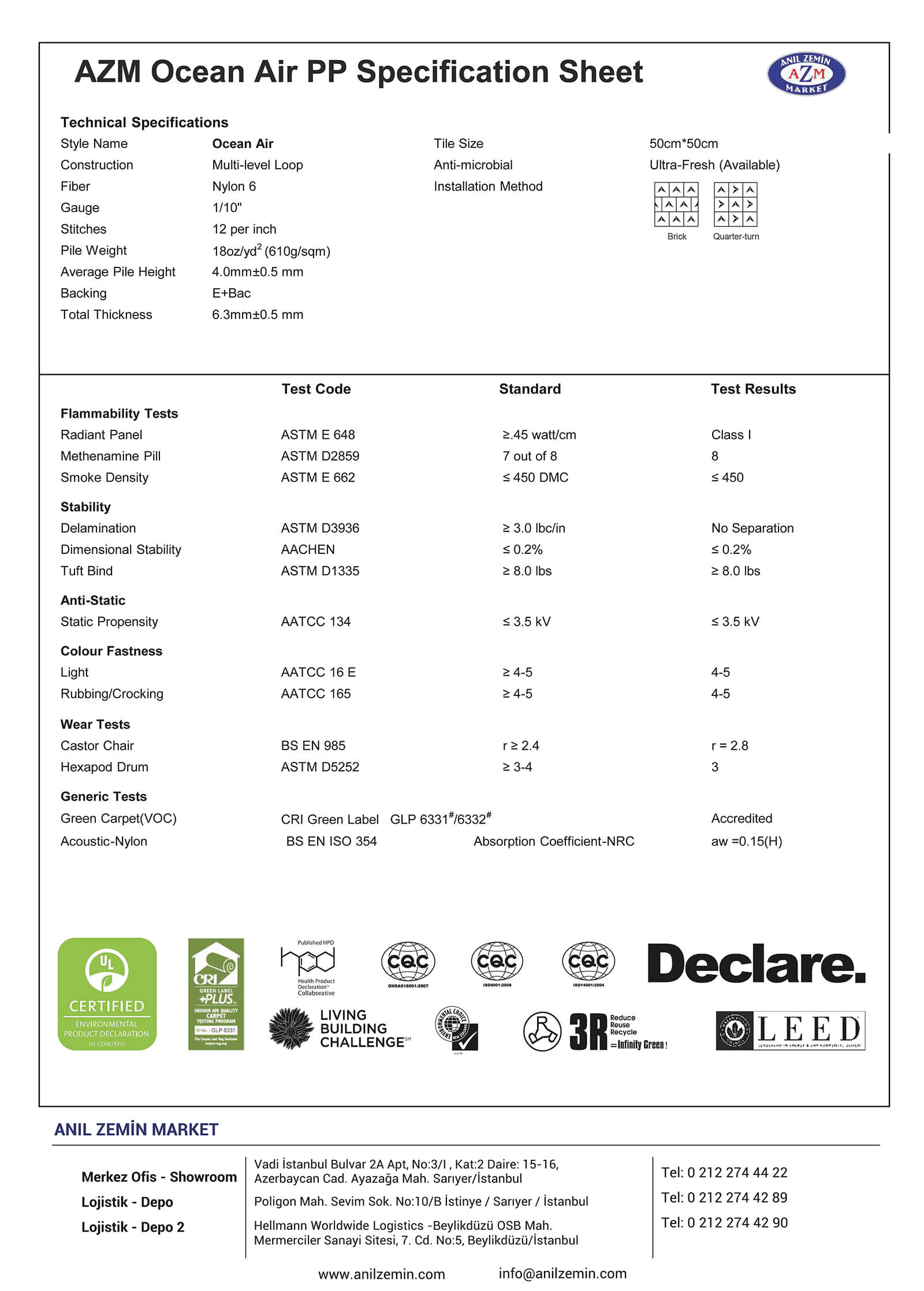 Ocean Air Naylon iplikli keçe tabanlı Karo Halı Teknik Bilgi